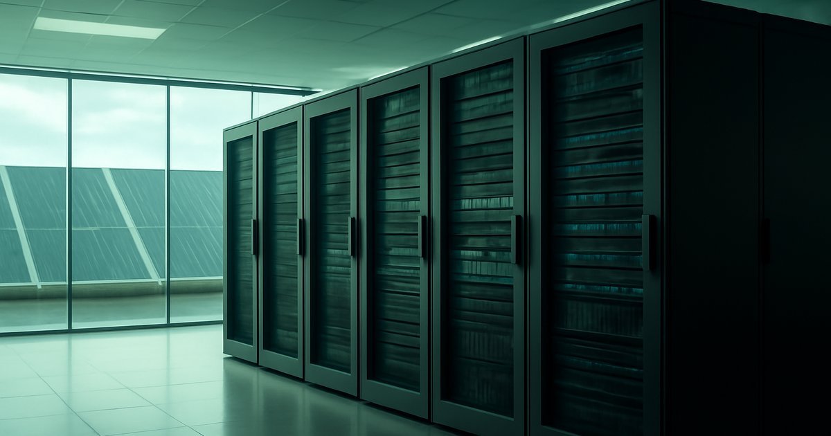 Modern green data center powered by renewable energy with server racks and solar panels visible
